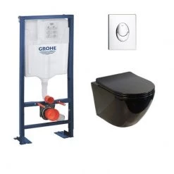 Pack WC Grohe Rapid SL + Cuvette Sans Bride KELOS Noir Brillant + Plaque Skate Air Chromé