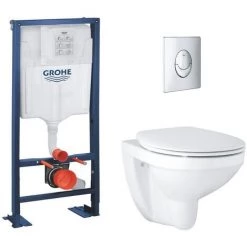 Grohe Pack WC Suspendu Bau Ceramic + Abattant + Plaque + Bâti Grohe, Chrome