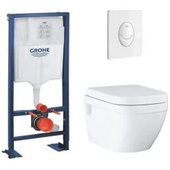Grohe Pack WC Suspendu Sans Bride Euro Ceramic + Abattant + Plaque + Bâti Grohe, Blanche