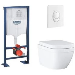 Grohe Pack WC Suspendu Sans Bride Euro Ceramic + Abattant + Plaque + Bâti Grohe, Blanche