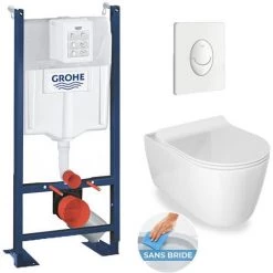 Grohe / Idevit Pack WC Rapid SL Autoportant + Cuvette Alfa Sans Bride + Plaque Blanche (ProjectAlfaRimless-3)
