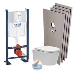 Grohe Pack WC Bâti Autoportant + Cuvette SAT Sans Bride, Fixations Cachées + Plaque Blanche + Set Habillage (ProjectSATrimless-4-sabo)