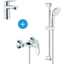 Grohe BauLoop Set Mitigeur De Douche + Barre De Douche Avec Douchette 2 Jets + Mitigeur Lavabo, Chrome (23337000 & 23340000)