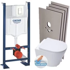 Grohe Pack WC Bâti-support Autoportant + WC Suspendu Sans Bride SAT + Abattant Frein De Chute + Plaque Blanc + Set D'habillage