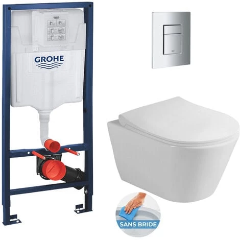 Grohe Pack WC Bâti Support Rapid SL + WC Sans Bride Lucco Asvva + Abattant Softclose + Plaque Chrome Mat (RapidSL-Avva-5) 3 Grohe Pack WC Bâti Support Rapid SL + WC Sans Bride Lucco Asvva + Abattant Softclose + Plaque Chrome Mat (RapidSL-Avva-5)