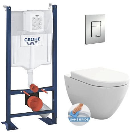 Grohe Pack WC Bâti-autoportant Rapid SL + WC Sans Bride Bello Avec Fixations Invisibles + Abattant Softclose + Plaque Chrome Mat 3 Grohe Pack WC Bâti-autoportant Rapid SL + WC Sans Bride Bello Avec Fixations Invisibles + Abattant Softclose + Plaque Chrome Mat