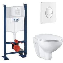 Grohe Pack WC Suspendu Sans Bride Bau Ceramic Avec Abattant, Bâti Support WC Grohe Rapid SL Project Et Plaque De Commande Start, Blanc Alpin