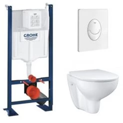 GROHE Pack WC Sans Bride Bau Ceramic Avec Abattant Slim + Bâti Support WC Rapid SL + Plaque De Commande Start, Blanc Alpin