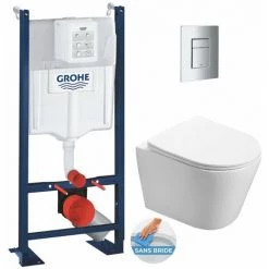 Grohe Pack WC Bâti Autoportant + WC Sans Bride SAT Infinitio + Abattant Softclose + Plaque Chrome Mat (ProjectInfinitio-5)