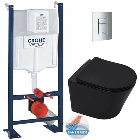 Grohe Pack WC Bâti Autoportant + WC Sans Bride SAT Infinitio Noir Mat + Abattant Softclose + Plaque Chrome Mat 3 Grohe Pack WC Bâti Autoportant + WC Sans Bride SAT Infinitio Noir Mat + Abattant Softclose + Plaque Chrome Mat