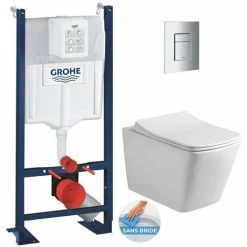 Grohe Pack WC Bâti Autoportant + WC Sans Bride SAT Infinitio Design + Abattant Softclose + Plaque Chrome Mat