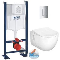 Grohe Pack WC Bâti-support Autoportant + WC Sans Bride Lucco Brilla + Abattant Softclose + Plaque Chrome Mat (ProjectBrilla-5)