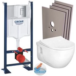Grohe Pack WC Bâti-support Autoportant + WC Sans Bride Brilla + Abattant Softclose + Plaque Chrome + Set Habillage