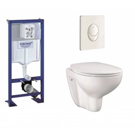 Pack WC Grohe Rapid SL + Cuvette GROHE Sans Bride Bau Ceramic + Plaque Blanche 3 Pack WC Grohe Rapid SL + Cuvette GROHE Sans Bride Bau Ceramic + Plaque Blanche