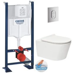 Grohe Pack WC Bâti Autoportant + WC Sans Bride SAT Brevis + Abattant Ultra-fin Softclose + Plaque Chrome (ProjectBrevis-8)