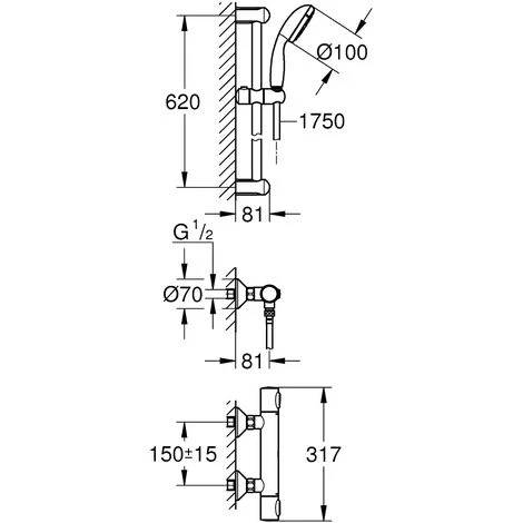 GROHE Precision Flow Mitigeur Thermostatique Douche 1/2" Avec Ensemble De Douche 7 GROHE Precision Flow Mitigeur Thermostatique Douche 1/2" Avec Ensemble De Douche – Image 5